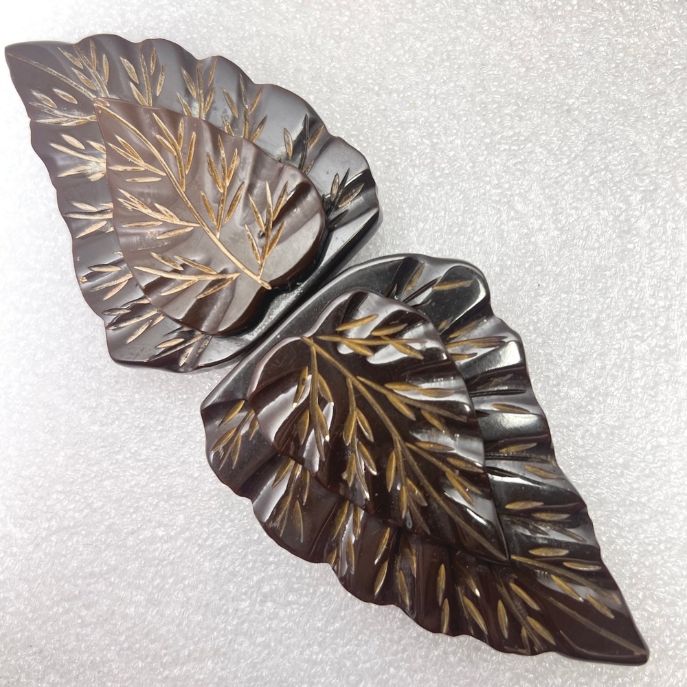 Vintage Bakelite Belt Buckle Deep Carved Layered‎ Brown Leaf Art Deco 2 pce 5.5"